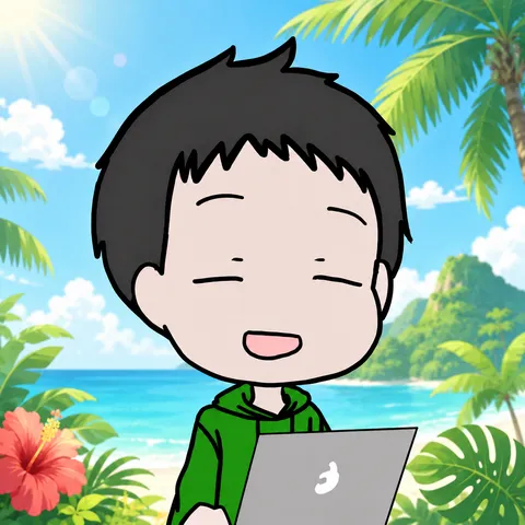 宮崎の海と南国の植物を背景にしたバンブーのイラスト